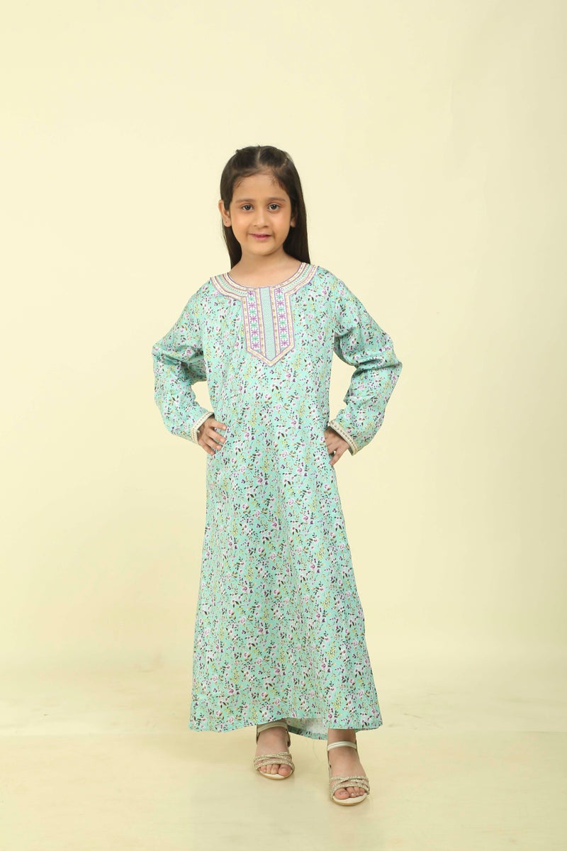 HANA & SARA Girls Viscose Blended Digital Print Floral Arabic Jalabiya – Lightweight Modest Wear Dress - Image 1